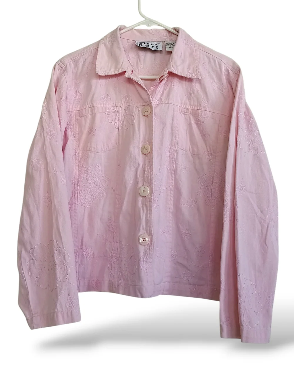 KEREN hart Light Pink Embroidered Jean Jacket Pastel Femme Floral Boho Western
